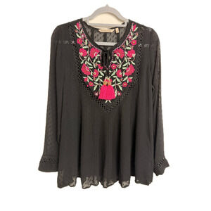 Soft Surroundings Black Embroidered Beaded Tassel Blouse Top Boho Floral Size S